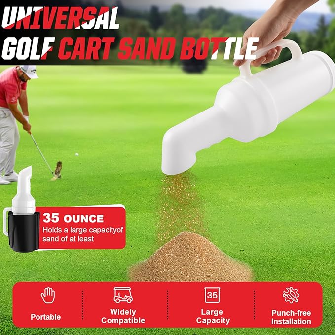 Universal Golf Cart Sand Bottle with Holder, No Drilling Golf Cart Divot Filler Sand Bottle with Handle for Club Car, EZGO, Yamaha Carts with 1" Square Tube Bracket, Seed Container, 1PCS