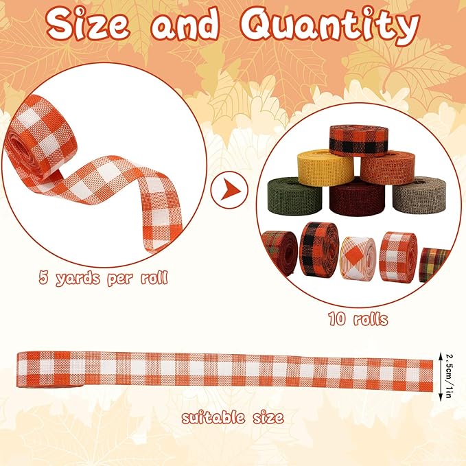 10 Rolls 50 Yard Fall Plaid Burlap Ribbon Rolls 1 Inch Autumn Gift Wrapping - Image 2