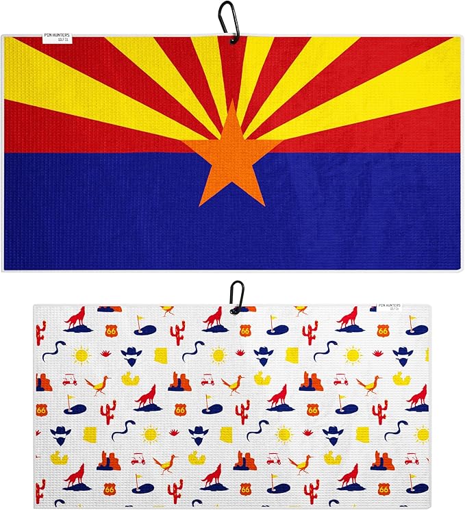 Pin Hunters Arizona Flag Microfiber Golf Towel | Premium Waffle Towel with Clip | Large 31"×15.5" Towel for Golf Bags | Accessories for Men | Fun Gift for Husband | USA Pride