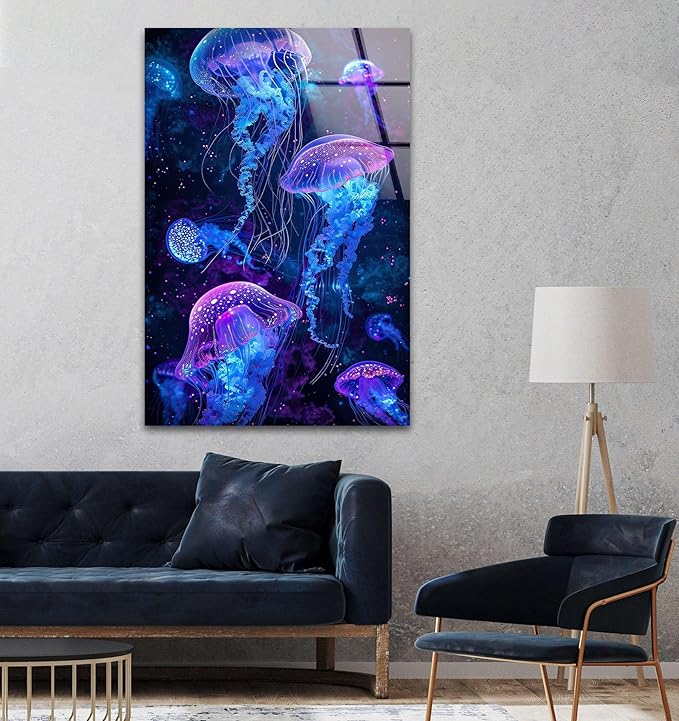 My Photostation.com 40WX60H'' Glowing Jellyfish Glass Wall Art Tempered Glass - Image 3