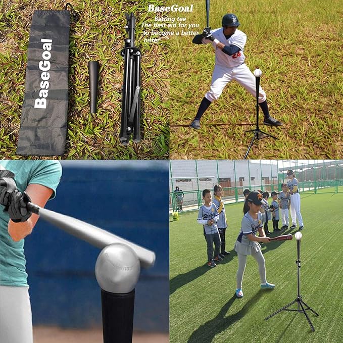 BaseGoal Batting Tee Baseball Tee,Softball Travel Portable Tee Tripod Stand Rubber Tee for Batting Training Practice with Carrying Bag