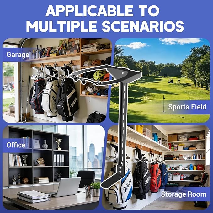 Wall Mount Golf Bag Storage Stand for Garage, Golf Bag Wall Mount with Adjustable Sliding System, Space-Saving Golf Bag Holder for Wall, Fit for Garages,Home, Basements