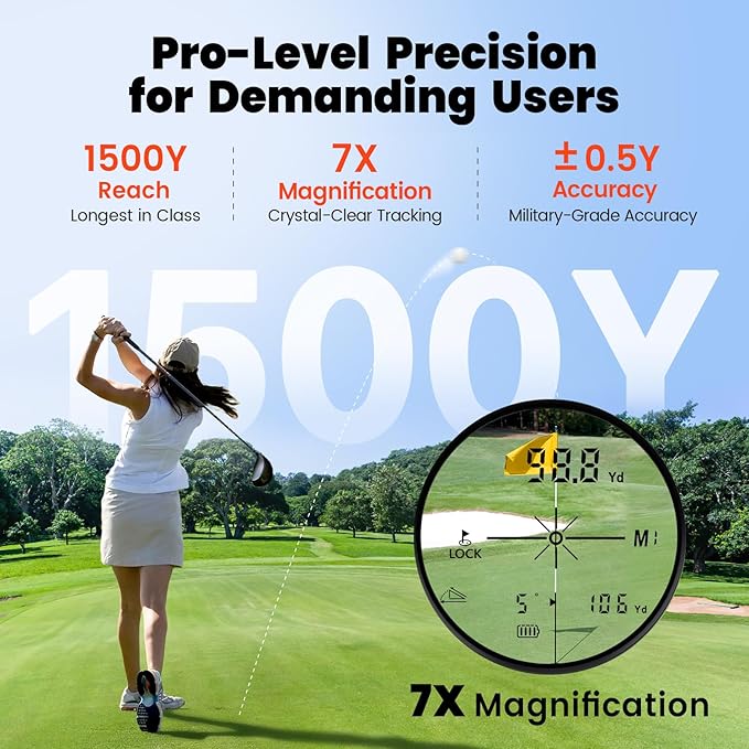 Golf Rangefinder with Slope & Red Backlight, 1500Yards Laser Range Finder, 0.3s FlagLock Vibration, 7X Magnification, Magnet Stripe, 85% Transmission Lens for Golfing/Hunting, Golf Accessories