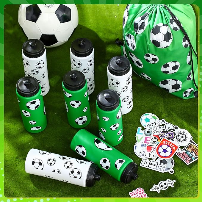 Funnymoom 24 Pcs Soccer Water Bottles Drawstring Bag Set with 50 Sticker Soccer Party Favors 12 Reusable Sports Squeeze Water Bottles 20oz 12 Soccer Goodie Gift Bag for Soccer Team Gifts Players Gym
