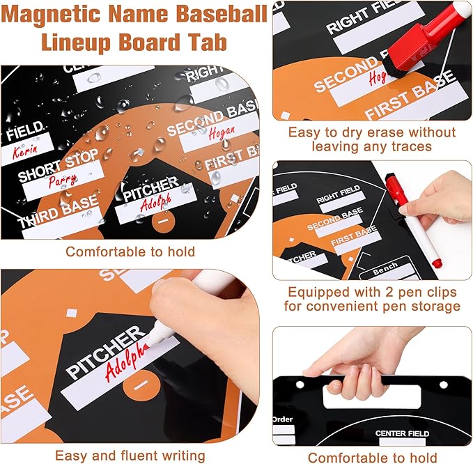 Magnetic Baseball Coach Clipboard, Anglecai Double-Sided Dry Erase Baseball Lineup Board for Softball Dugout Board Baseball Coaching Board with 30 Lineup Card/ 10 Magnet/2 Marker/2 Hook (Black)