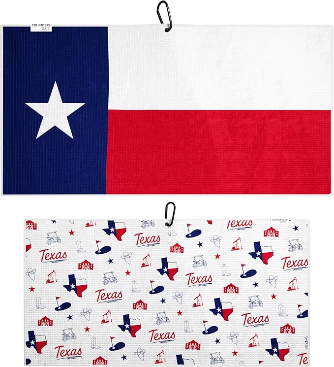 Pin Hunters Texas Flag Microfiber Golf Towel | Premium Waffle Towel with Clip | Large 31"×15.5" Towel for Golf Bags | Accessories for Men | Fun Gift for Husband | USA Pride