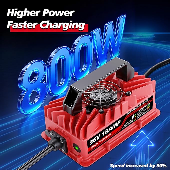 18 Amp 36 Volt Golf Cart Battery Charger for EZGO TXT - D-Style Plug, Smart Charger for Lead-Acid Batteries, IP67 Waterproof, Multi-Protection, Unique Design (Red)