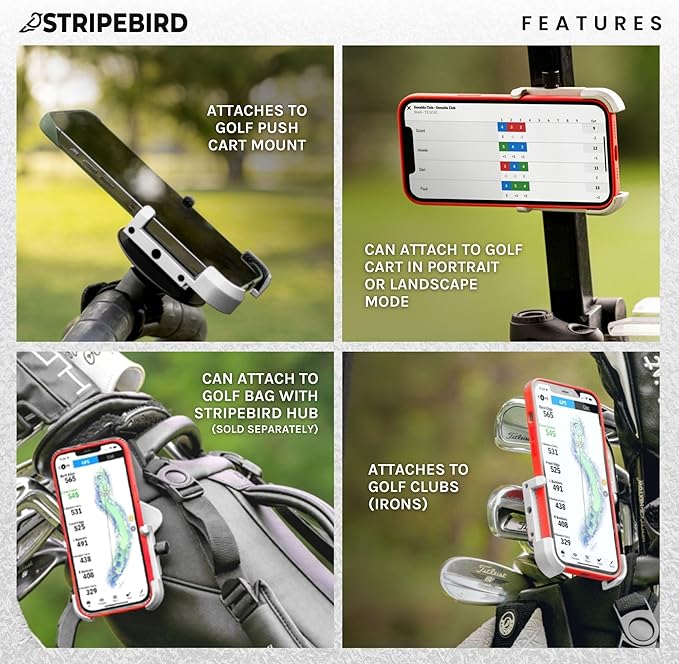 Stripebird - Magnetic Golf Cart Phone Holder - US Patented, Neodymium N52 Magnets - Golf Cart Phone Mount for iPhone & Samsung - Slim Golf Caddy Accessories for Men & Women