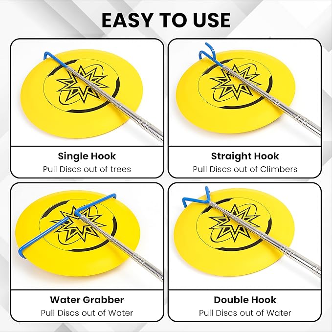 4 in 1 Disc Golf Retriever Pole 16 ft– Extendable Telescopic Disc Retriever with Durable Stainless Steel Frame Hooks & Carry Bag – Disc Golf Grabber for Getting Discs Out of Water, Trees, Bushes