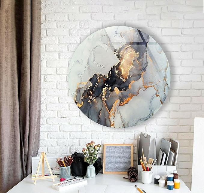 My Photostation.com 15.8'' Diameter Gold Details Gray Marble Round Glass Wall - Image 3
