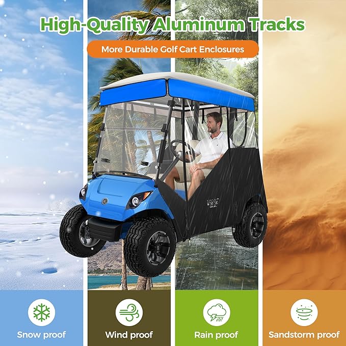 10L0L 2 Passenger Track-Style Enclosure Cover for Yamaha G29 Drive/Drive 2, Waterproof 600D Polyester Rain Shelter with Pre-Drilled Awning Track, 3-Piece Zip-Off Design, Roll-Up All Sides,Valance