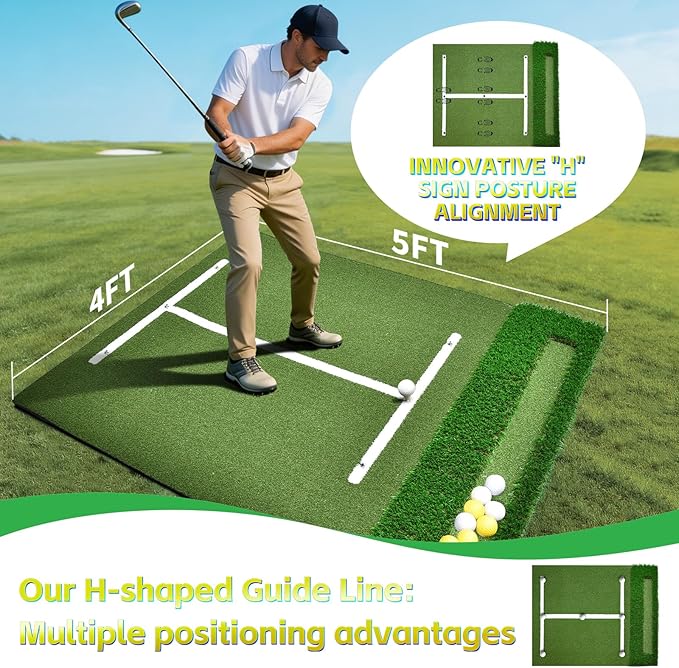 (Enlarged×Thickened) Golf Mat 1.22in/1.42in, 5x4ft/5x5ft Dual-Turf Golf Hitting Mat with Ball Tray for Indoor Outdoor, Heavy Duty Commercial Golf Mat, High-Elasticity Golf Practice Mat for Simulator