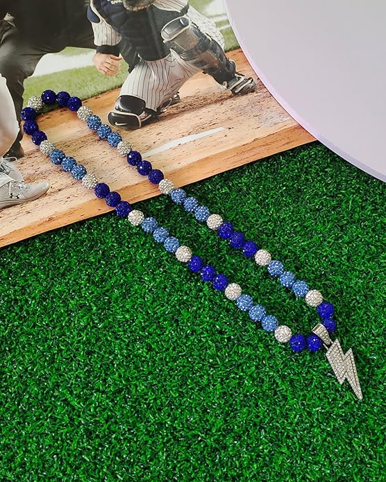 Baseball Necklace for Men 16/18/20 Inch Bling Ice Collection Lightning Bolt Pendant Necklace for Women Rhinestone Clay Beaded Discoball Accessories Gifts for Baseball Team Players Lovers