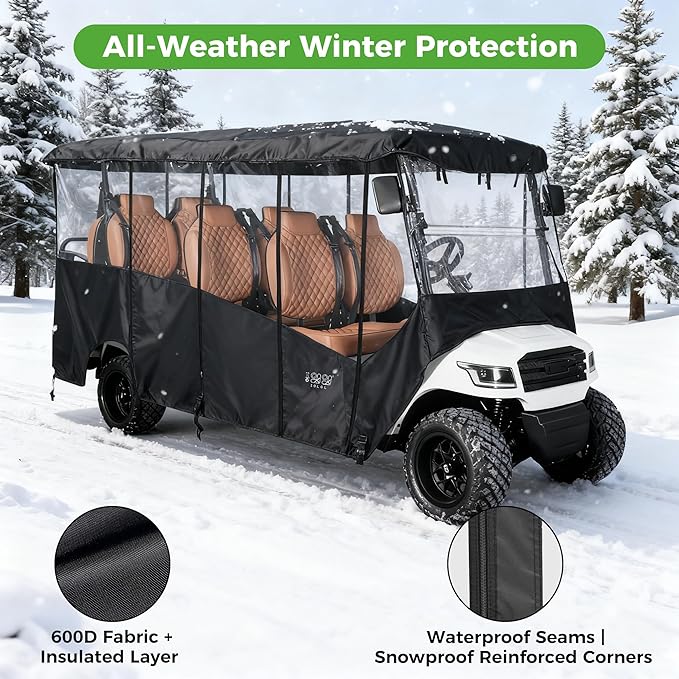10L0L 2/4/8 Passenger Golf Cart Enclosure for Club Car Precedent/Tempo/Onward, 600D Waterproof Golf Cart Rain Cover, Driving Enclosure with 4-Sided Clear Windows Roll-up Door Black -Roof 58"-141"