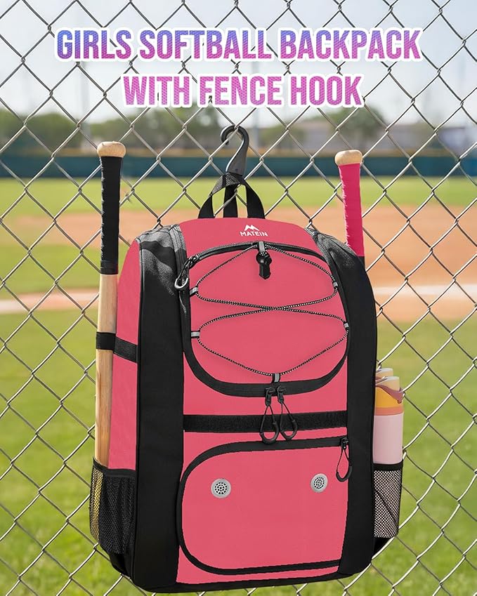 MATEIN Softball Bag, Lightweight Baseball Backpack with Shoe Compartment, Baseball Bag with Fence Hook for TBall Bat & Equipment, Softball Gifts Catchers Backpack for Women Fit Catcher’s Mitt, Helmet