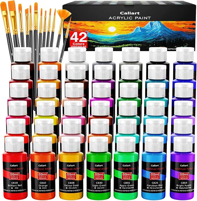 Caliart Acrylic Paint Set with 12 Brushes, 42 Colors Art Craft Paints Gifts by Caliart