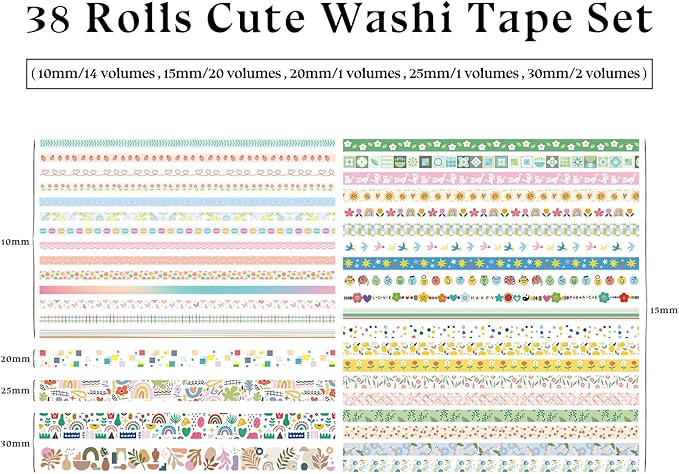 38 Rolls Washi Tape, Aesthetic Colored Decorative Cute Scrapbook Tape - Image 4