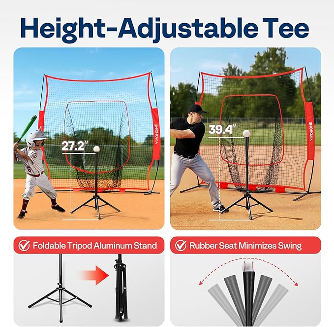 VIVOHOME Baseball Softball Batting Net - 7x7 Ft Baseball Backstop, Softball Practice Net for Hitting, Pitching, Throwing with Batting Tee and Carry Bag