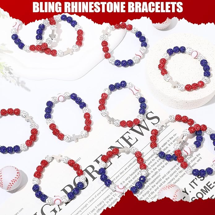 Landical 12 Pcs Baseball Ice Bracelet Beaded Charm Bracelets Cross Accessory Gifts for Baseball Team Party Favors