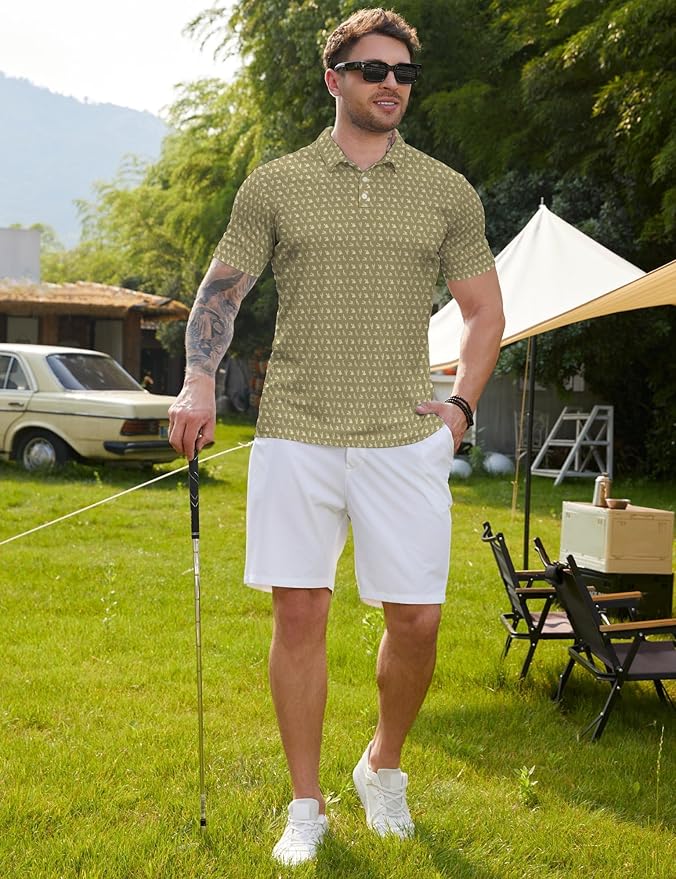 HUURAY Funny Golf Polos for Men Funny Print Short Sleeve Shirts Quick Dry Polo Shirts Hawaiian Shirt Performance Golf Outfits