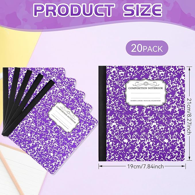 Seajan 20 Pack Composition Notebooks, Wide Ruled Paper, 7-1/2" x 9-3/4" Marble - Image 2