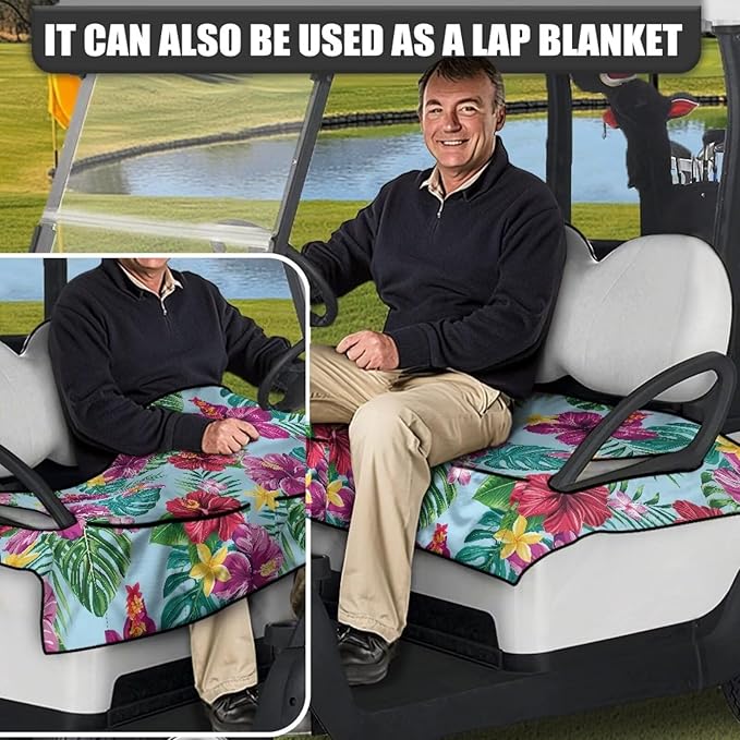 Golf Cart Seat Covers, Universal Golf Cart Seat Towel Blanket with 4 Front Pockets & Nonskid Bottom Fits for Club Car 2 Person Seats Golf Carts