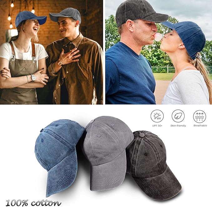 3 Pack Washed Plain Vintage Baseball Cap Cotton Adjustable Twill Bulk Low Profile Classic Dad Hat for Men/Women