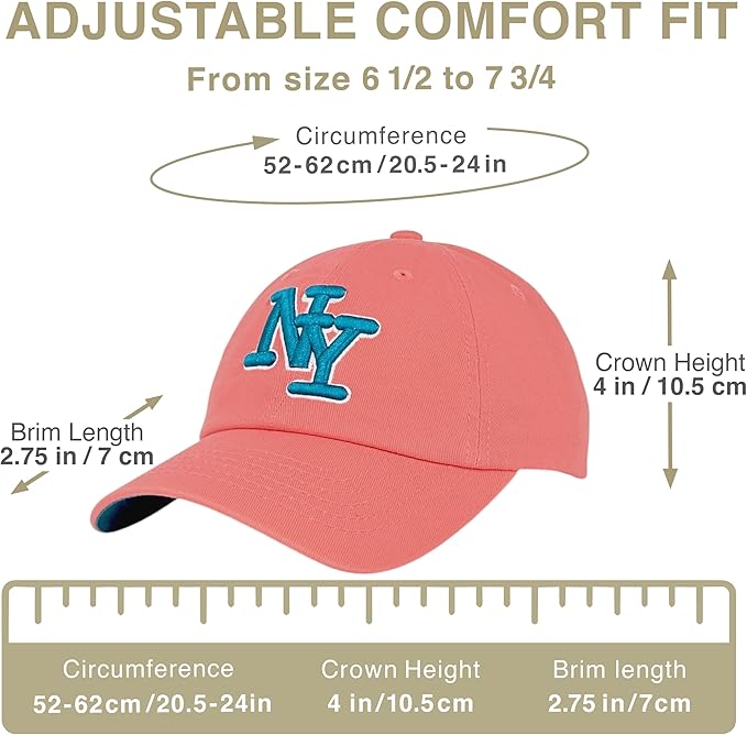 NY 3D Embroidered Cotton Dad Hat – New York Baseball Cap, Adjustable Metal Buckle Strap, Unstructured Low-Profile Style