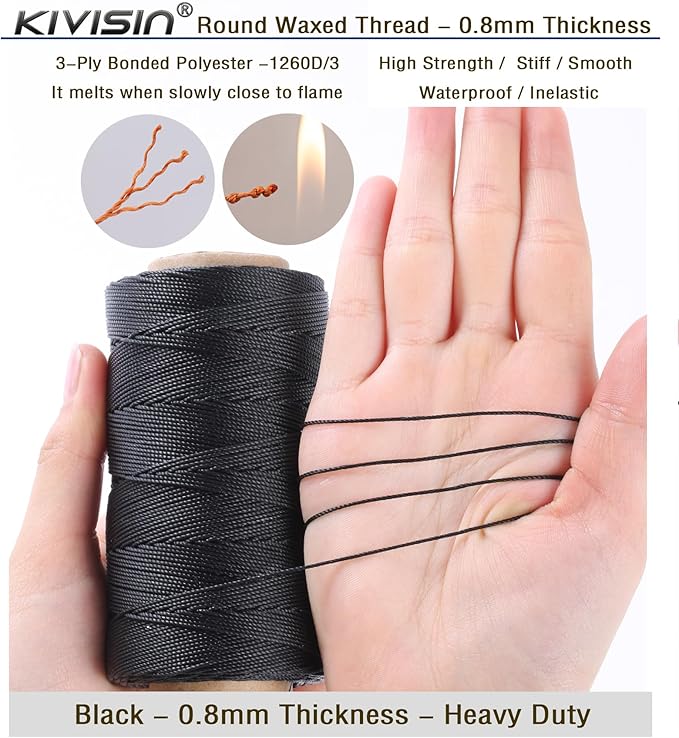 Bonded 0.8mm Round Waxed Polyester Cord, 3-ply Wax Coated Thread, 197 Yards - Image 3