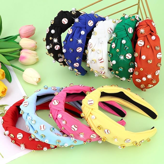 Baseball Headbands for Women Crystal Baseball Embellished Wide Top Knot Headband for Women Game Day Hair Accessories (Red)