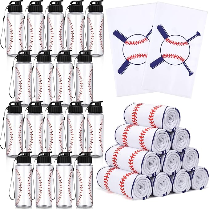 Reallnaive 36 Pcs Sports Water Bottle Cooling Towel Set Include 12 Reusable Sports Squeeze Water Bottle 12 Ice Towel Breathable 40"x12" Cooling Towels for Soccer Team Gift (Baseball)