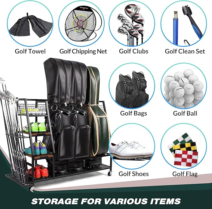 Sttoraboks Golf Bags Storage Garage Organizer, Golf Bag Rack Fits 2/3 Golf Bags and Golf Equipment Accessories, Golf Club Storage Stand with Wooden Shelf and Lockable Wheels for Garage Indoor Basement