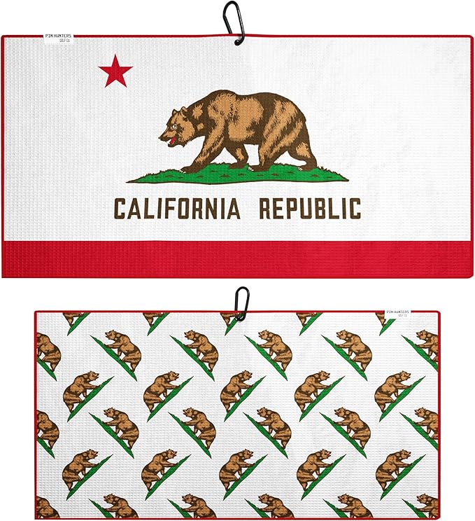 Pin Hunters California Flag Microfiber Golf Towel | Premium Waffle Towel with Clip | Large 31"×15.5" Towel for Golf Bags | Accessories for Men | Fun Gift for Husband | USA Pride