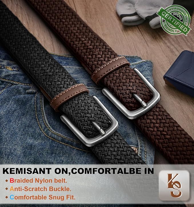 KEMISANT Men's Golf Belt 2 Pack-Braided Woven Stretch Belt for Gift Men Casual Jeans Sports Work 1 3/8"