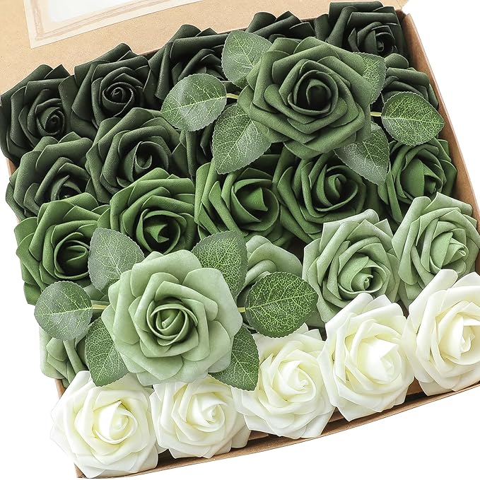 Floroom Artificial Flowers 25pcs Real Looking Forest Green Ombre Colors Foam by Floroom