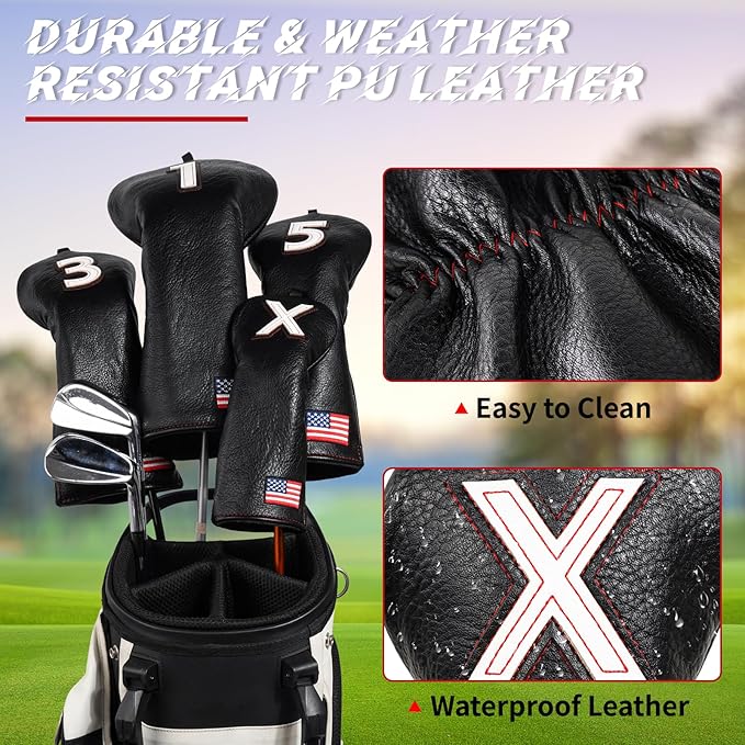 Golf Head Covers, US Flag Patriotism Golf Club Cover for Woods and Driver, Fairway, Hybrid - Premium Leather Golf Club Head Covers with Interchangeable Tags