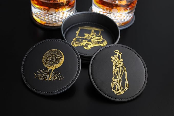 NOBLESIP® Golf Theme Coaster Set of 6 with Holder, Premium Black with Gold Designs, Bar Accessories for Golf Enthusiasts. Unique Decorative Designs. Home bar Gift, Golfer Gift