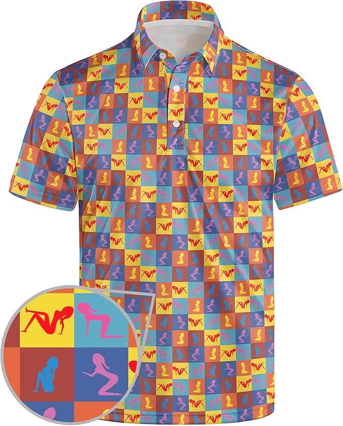 Golf Polo Shirts for Men Funny Print Short Sleeve Golf Shirts Performance Golf Polos