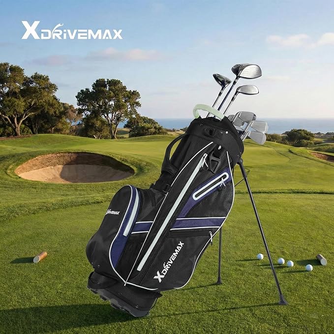 XDriveMax Golf Stand Bag with Accessory Pack, Lightweight 8-Way Top Dividers Golf Bag with Stand, Includes Insulated Cooler Pocket, Dual Strap & Rain Cover