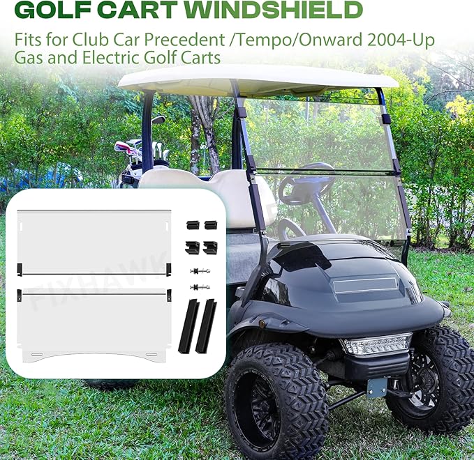 Golf Cart Windshield for Club Car Precedent,Tempo,Onward 2004-up Gas/Electric Golf Carts, Foldable PC UV Resistant Club Car Windshield（Tinted/Clear） (37.59" W x 33.96" H)