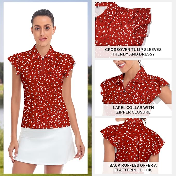 Soneven Womens Petal Sleeve Golf Shirts Moisture Wicking Lady Golf Apparel Print Tennis Sport T Shirt