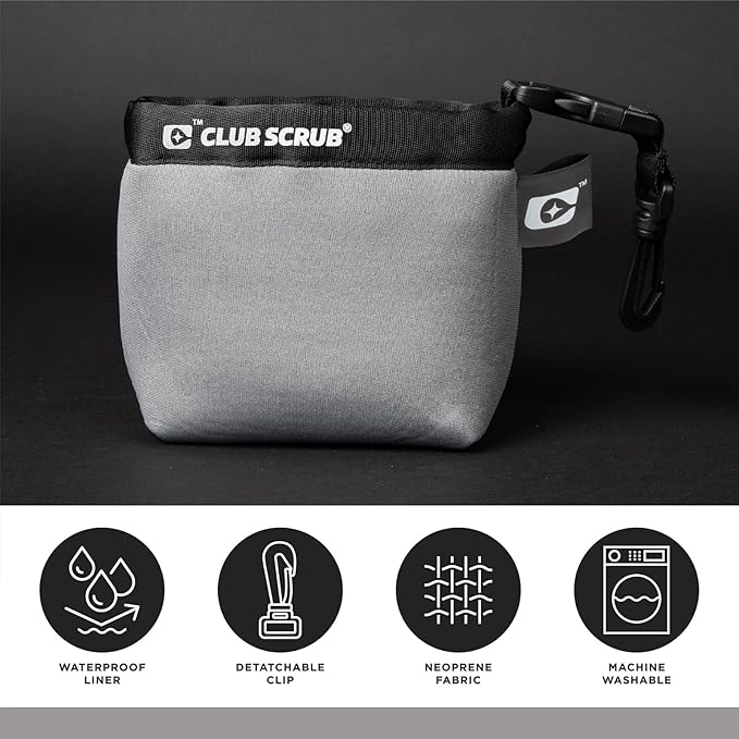 Club Scrub Golf Club and Golf Ball Cleaning Bag, Waterproof Clean Face Technology Liner, Detachable Clip, Machine Washable, Cleans Club Grooves, Dry Exterior (Neoprene or Microfiber Option Available)