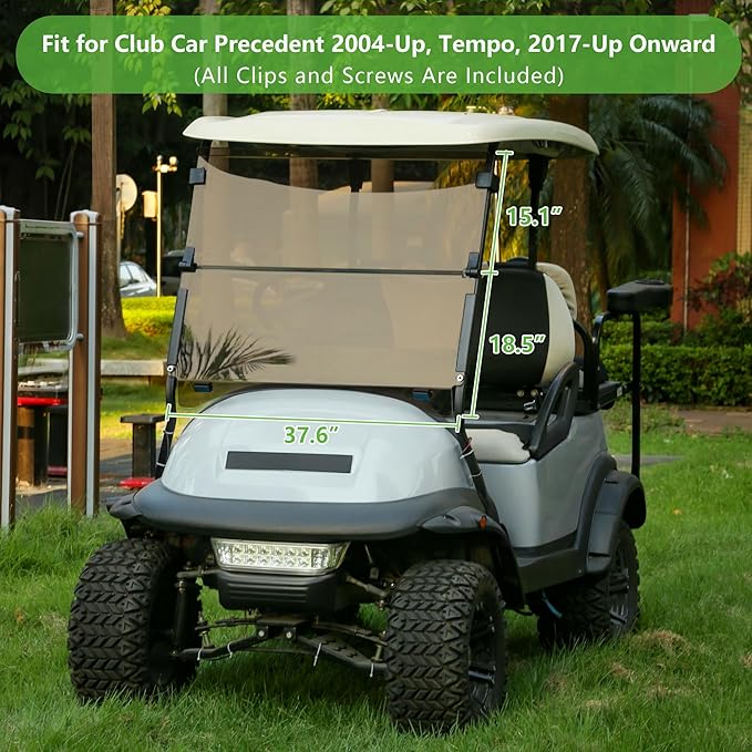 10L0L Golf Cart Windshield for Club Car Precedent 2004-Up, Tempo, 2017-Up Onward, Clear/Tinted Fold Down Club Car Windshield Anti-UV Impact Resistant, HD View, 37.5" W X 33.6" H