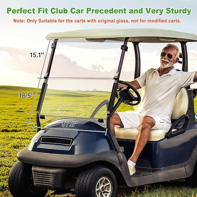 10L0L Golf Cart Windshield for Club Car Precedent 2004-Up, Tempo, 2017-Up Onward, Clear/Tinted Fold Down Club Car Windshield Anti-UV Impact Resistant, HD View, 37.5" W X 33.6" H