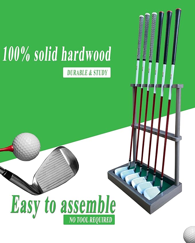 Golf Club Holder Stand, Wooden Golf Putter Stand Floor Display Rack, Golf Club Organizer Hold up to 6 Clubs and Ball Storage, Putter Rack for Indoor Club Simulator or Office