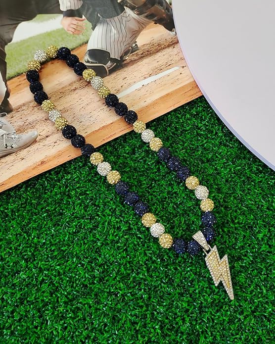 Baseball Necklace for Men 16/18/20 Inch Bling Ice Collection Lightning Bolt Pendant Necklace for Women Rhinestone Clay Beaded Discoball Accessories Gifts for Baseball Team Players Lovers
