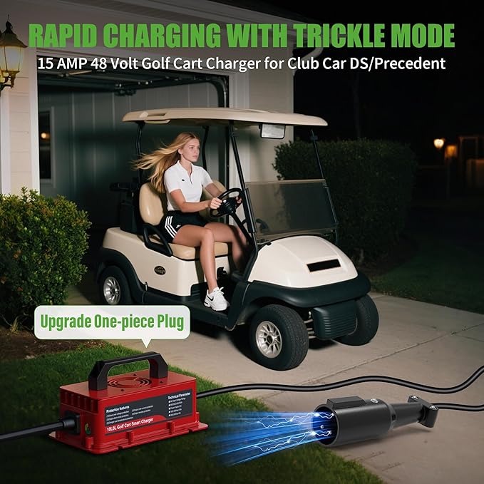 10L0L 48V Golf Cart Battery Charger for Club Car DS Precedent, 15Amp Smart Charger with 3-Pin Plug for Lead Acid Batteries, IP67 Waterproof, Auto Shut-Off