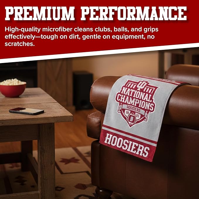 Indiana Hoosiers 2025 National Championship Golf Towel, 16" x 24" Microfiber Towel with Aluminum Clip, Officially Licensed NCAA Accessory