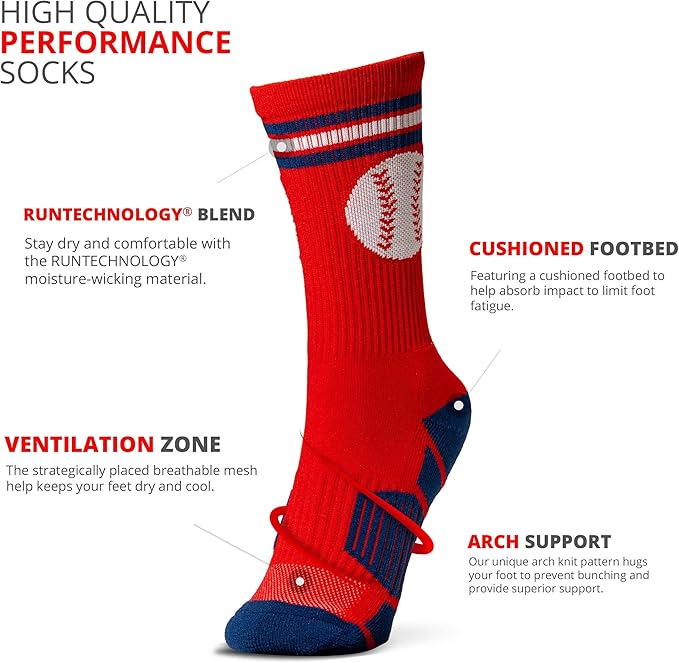 ChalkTalkSPORTS Baseball Performance Crew Socks - Boston Socks - Youth & Adult - Baseball Mid-Calf Socks