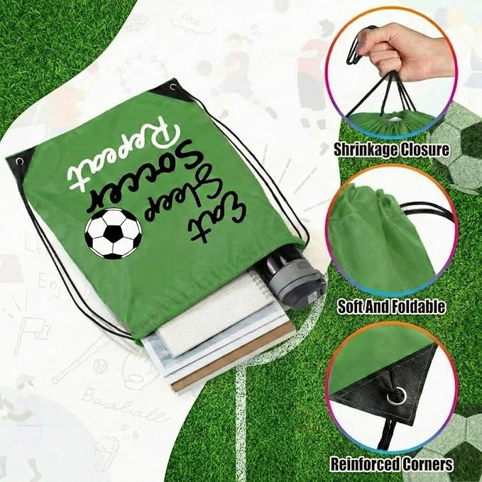 Reallnaive 24 Pcs Soccer Party Favor Gifts, 24 oz Soccer Water Bottle Reusable Sport Squeeze Drinking Cup, Eat Sleep Drawstring Bag Cinch Sack Sport Pack for School Team Gift Event Accessories